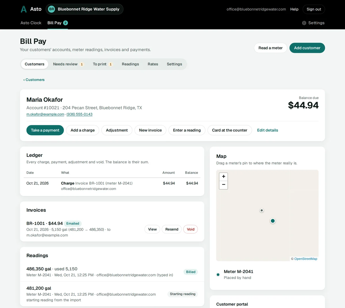 A made-up customer’s account in Bill Pay: Maria Okafor, account 10021, $44.94 due, with Take a payment, Add a charge, Adjustment, New invoice, Enter a reading and Card at the counter. Below, her ledger, invoice BR-1001 for 5,150 gallons, her readings and her meter on a map.