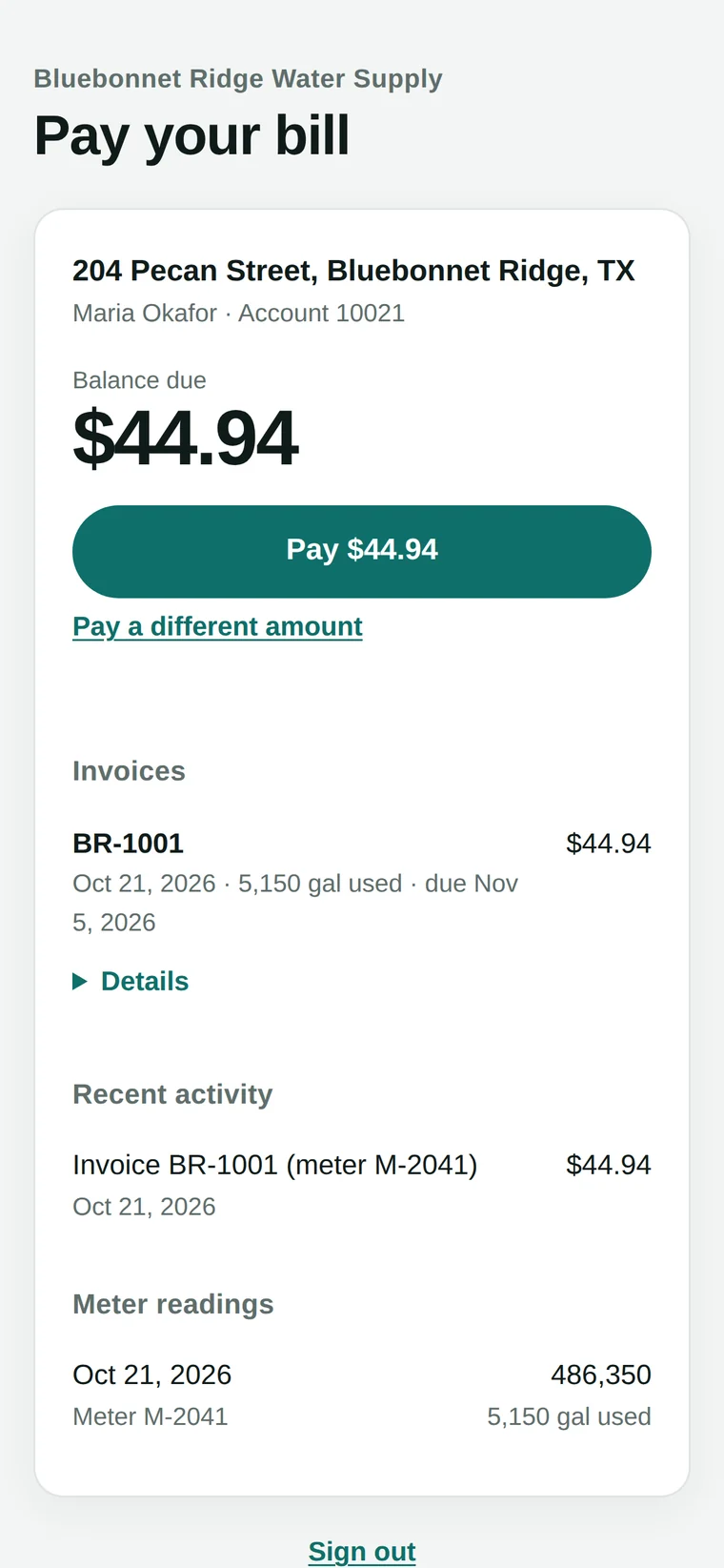 A customer’s bill on their phone: Bluebonnet Ridge Water Supply, Pay your bill. 204 Pecan Street, balance due $44.94, a Pay $44.94 button, and invoice BR-1001 for 5,150 gallons.
