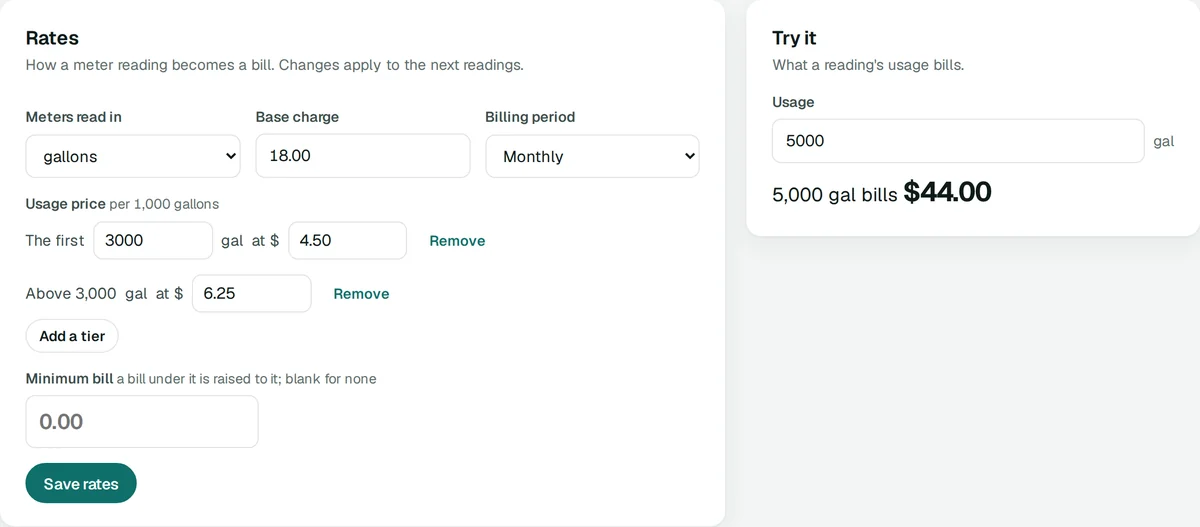 The Rates screen: gallons, an $18.00 monthly base charge, the first 3,000 gallons at $4.50 per 1,000 and above 3,000 at $6.25, a minimum bill, and Try it: 5,000 gallons bills $44.00.