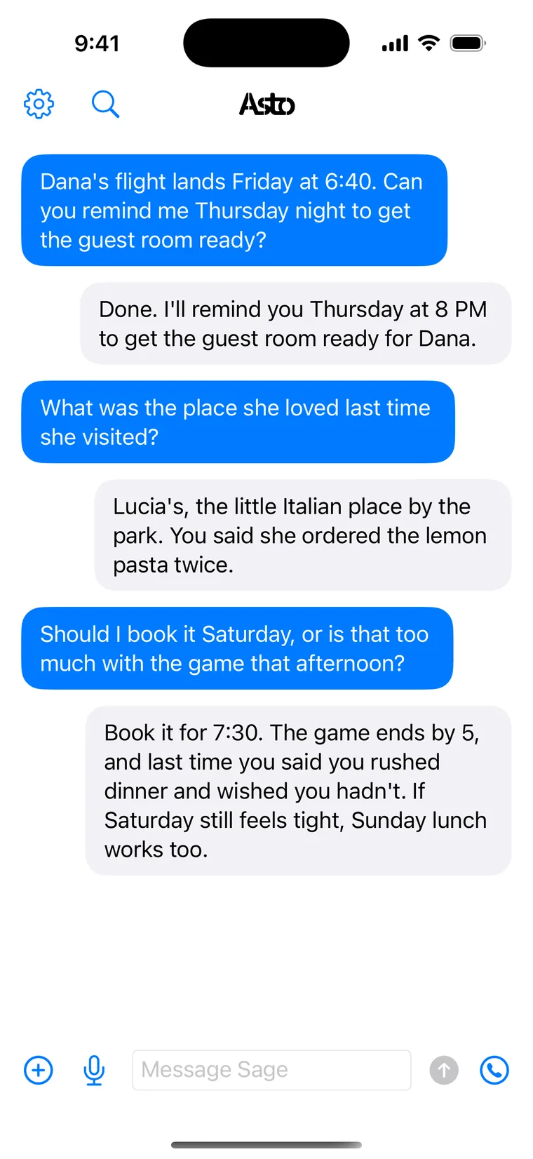A chat in the Asto Chat iPhone app: asked for a reminder to get the guest room ready for Dana, the assistant sets it for Thursday at 8 PM, remembers the restaurant Dana loved, and gives a straight answer about booking it.