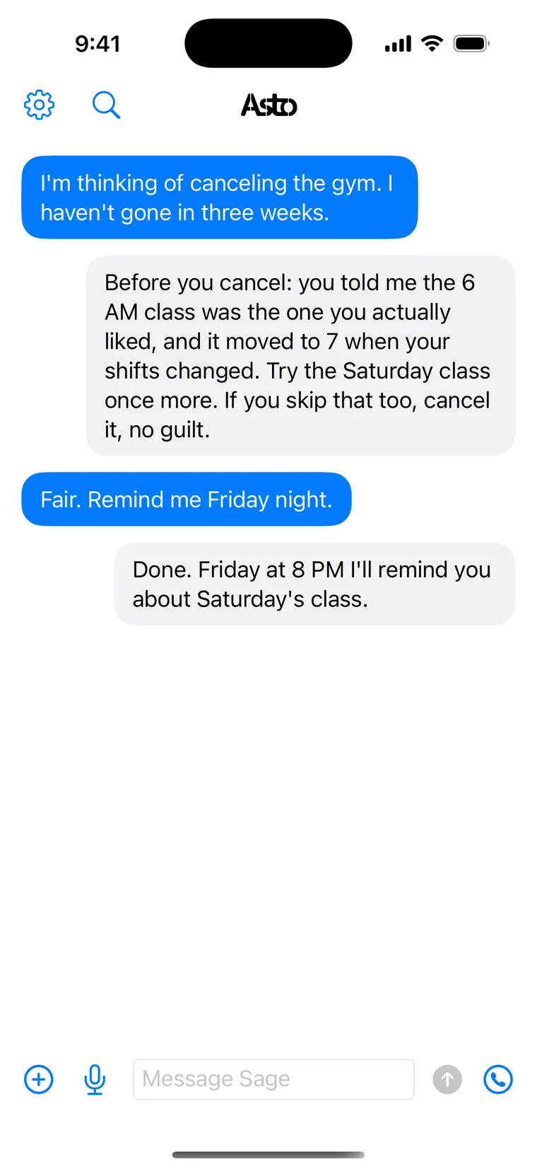 Another chat in the Asto Chat iPhone app: thinking of canceling the gym, the person hears what they once said about the 6 AM class, a suggestion to try Saturday’s class first, and a reminder set for Friday at 8 PM.