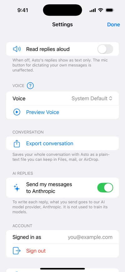 Settings in the Asto Chat iPhone app: replies read aloud, a voice to preview, Export conversation, a switch for sending messages to Anthropic, and the signed-in account.