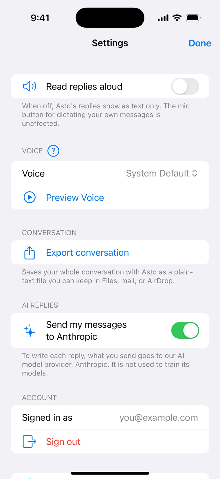 Settings in the Asto Chat iPhone app: read replies aloud, a voice, export the conversation, AI replies sent to Anthropic, and the account signed in.