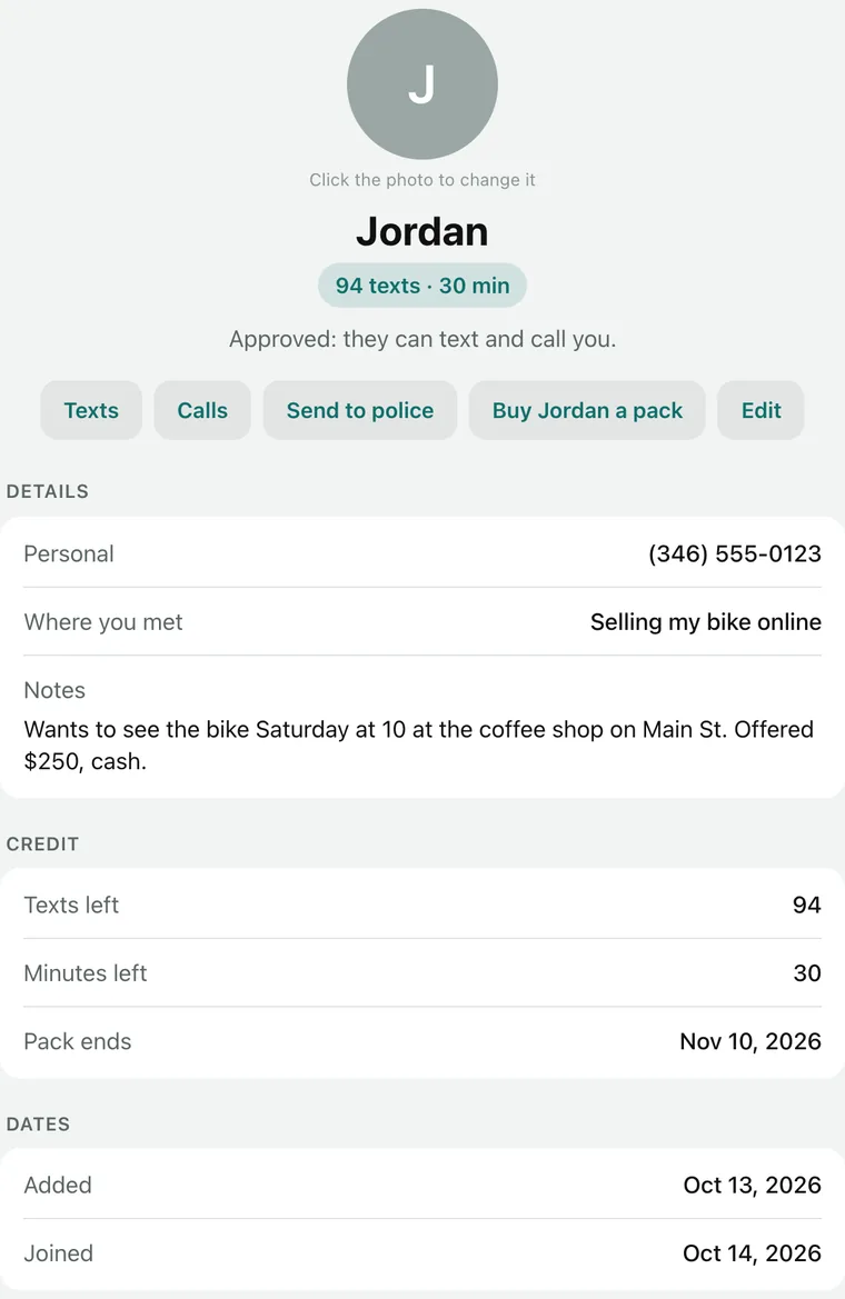 Jordan’s card: Approved, they can text and call you. Their personal number, where you met, Selling my bike online, a note about meeting Saturday at 10, the texts and minutes left on their pack, and the dates they were added and joined.