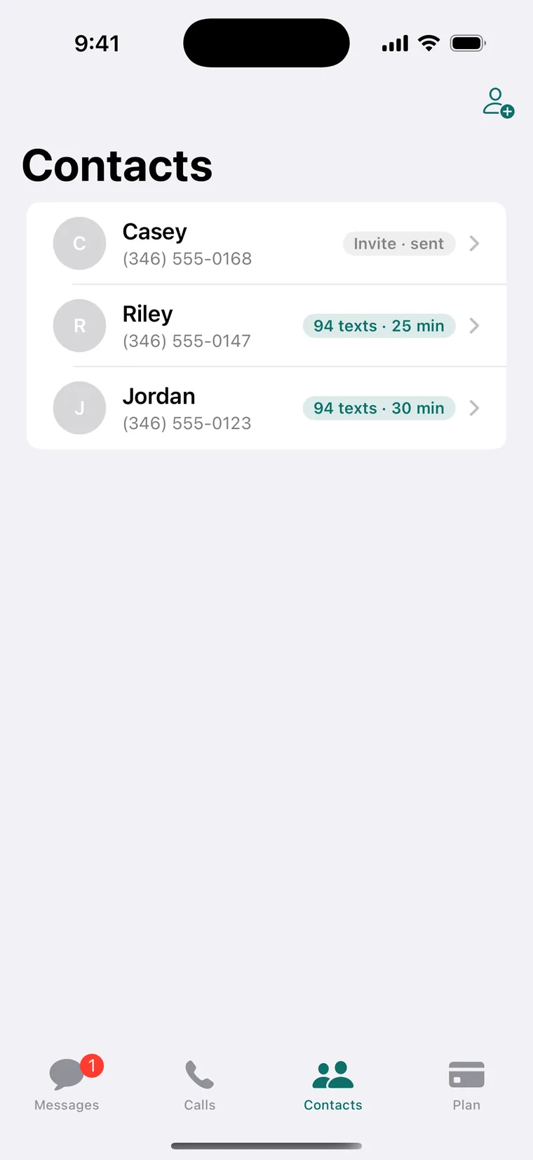 The Contacts tab in the Asto Shield iPhone app: Casey, invite sent; Riley and Jordan, each with the texts and minutes left on their pack.