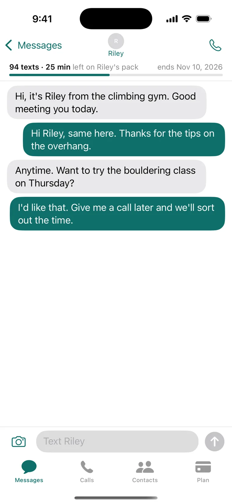 Texts with Riley in the Asto Shield iPhone app, about a bouldering class on Thursday, with a call button at the top and 94 texts and 25 minutes left on Riley’s pack.