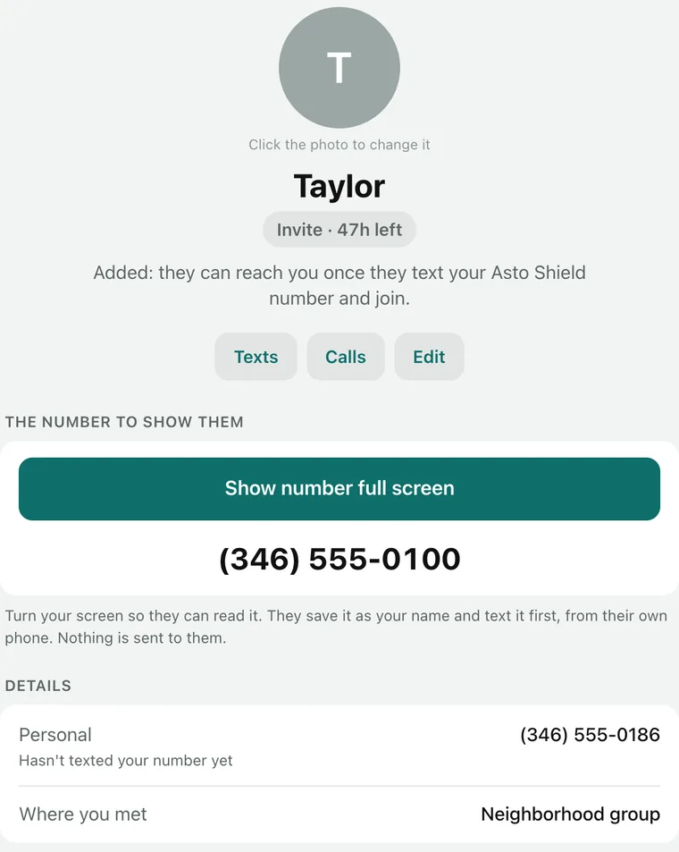 A new person’s card, Taylor: added, and able to reach you once they text your Asto Shield number and join. Under The number to show them, a Show number full screen button and the number (346) 555-0100.
