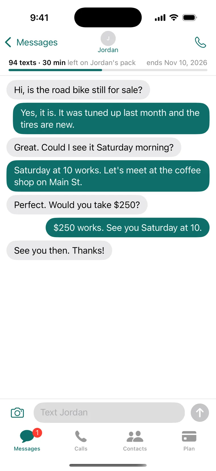 Texts with Jordan in Asto Shield, about a road bike for sale: they agree on $250 and Saturday at 10 at a coffee shop. Above, 94 texts and 30 minutes left on Jordan’s pack.