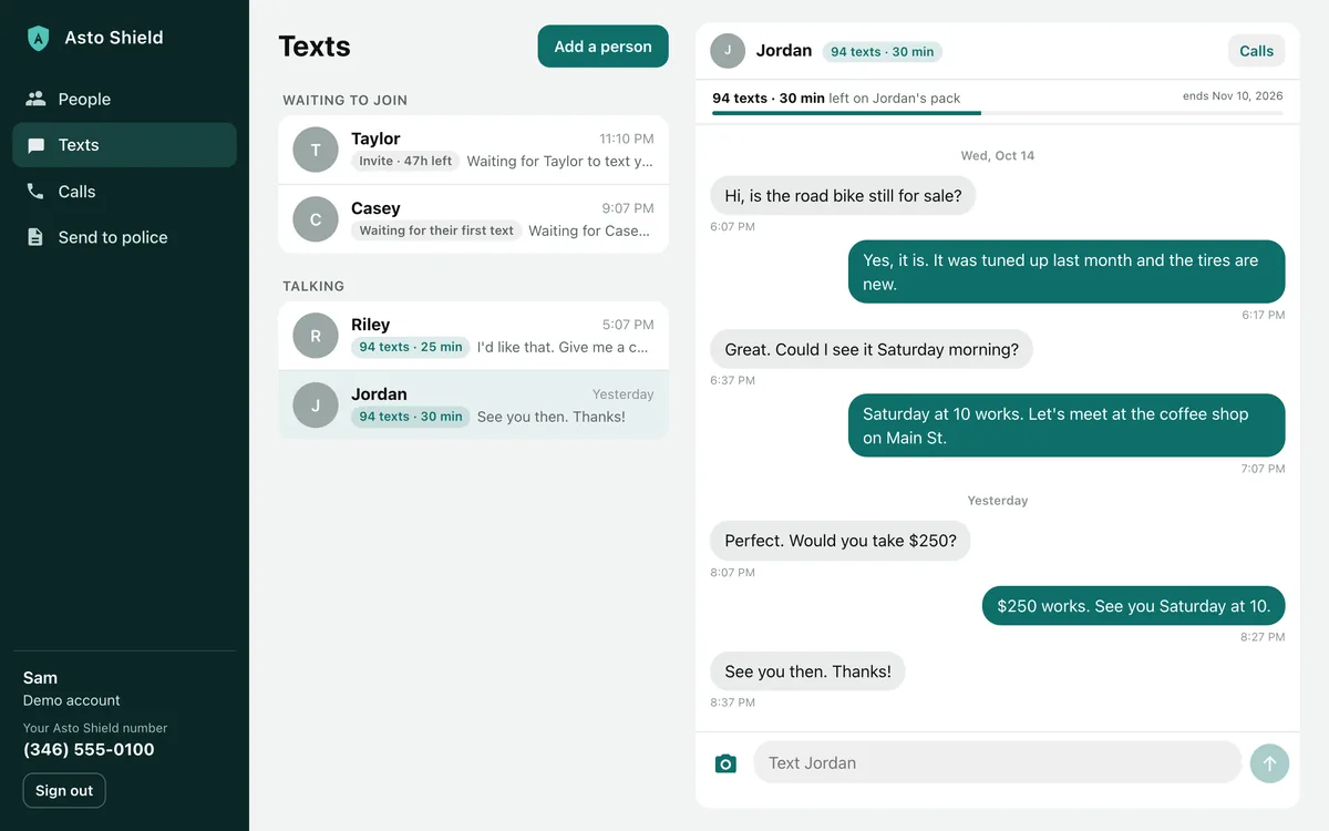 Asto Shield on the web: the Texts list, with Taylor and Casey waiting to join and Riley and Jordan talking, and the texts with Jordan open beside it.