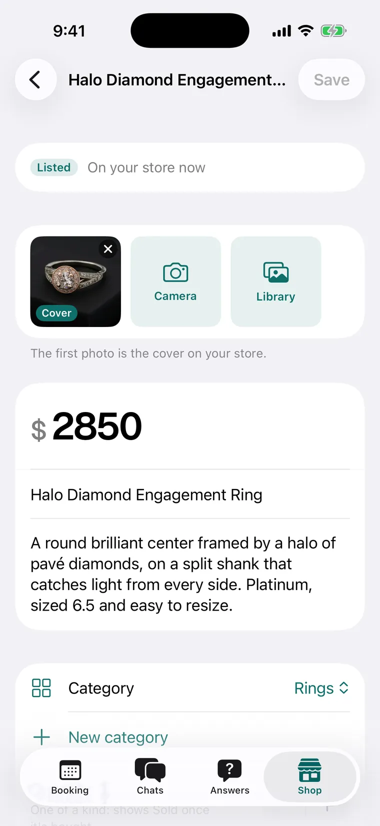 Editing a piece in the Asto Pro app’s Shop tab: Listed, on your store now; a cover photo with Camera and Library buttons; a price of $2,850, the title, the description and the category.