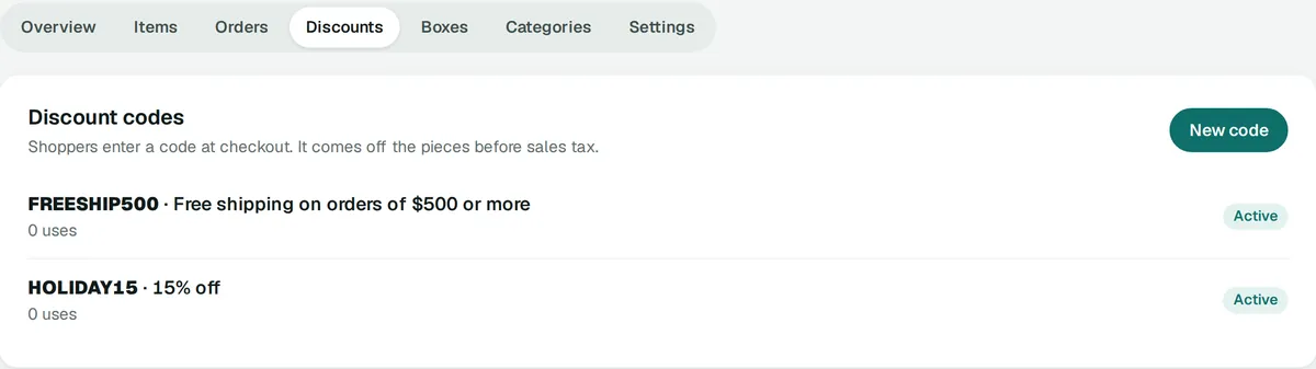 The Discounts tab in the store’s Asto account: FREESHIP500, free shipping on orders of $500 or more, and HOLIDAY15, 15% off, both active.