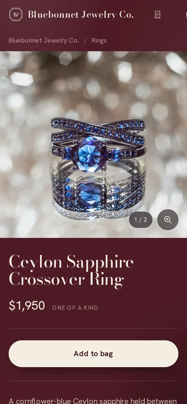 One piece on the store, on a phone: a Ceylon sapphire crossover ring, $1,950, one of a kind, with an Add to bag button.