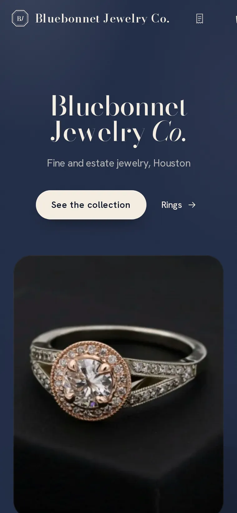 A jewelry store made with Asto Shop, on a phone: Bluebonnet Jewelry Co., Fine and estate jewelry, Houston, with a See the collection button and a rose gold halo ring.