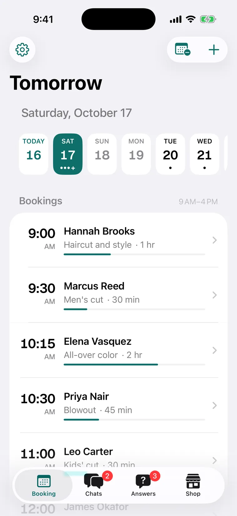The owner’s day in the Asto Pro iPhone app: Saturday’s bookings from 9:00, each with the customer, the service and its length.