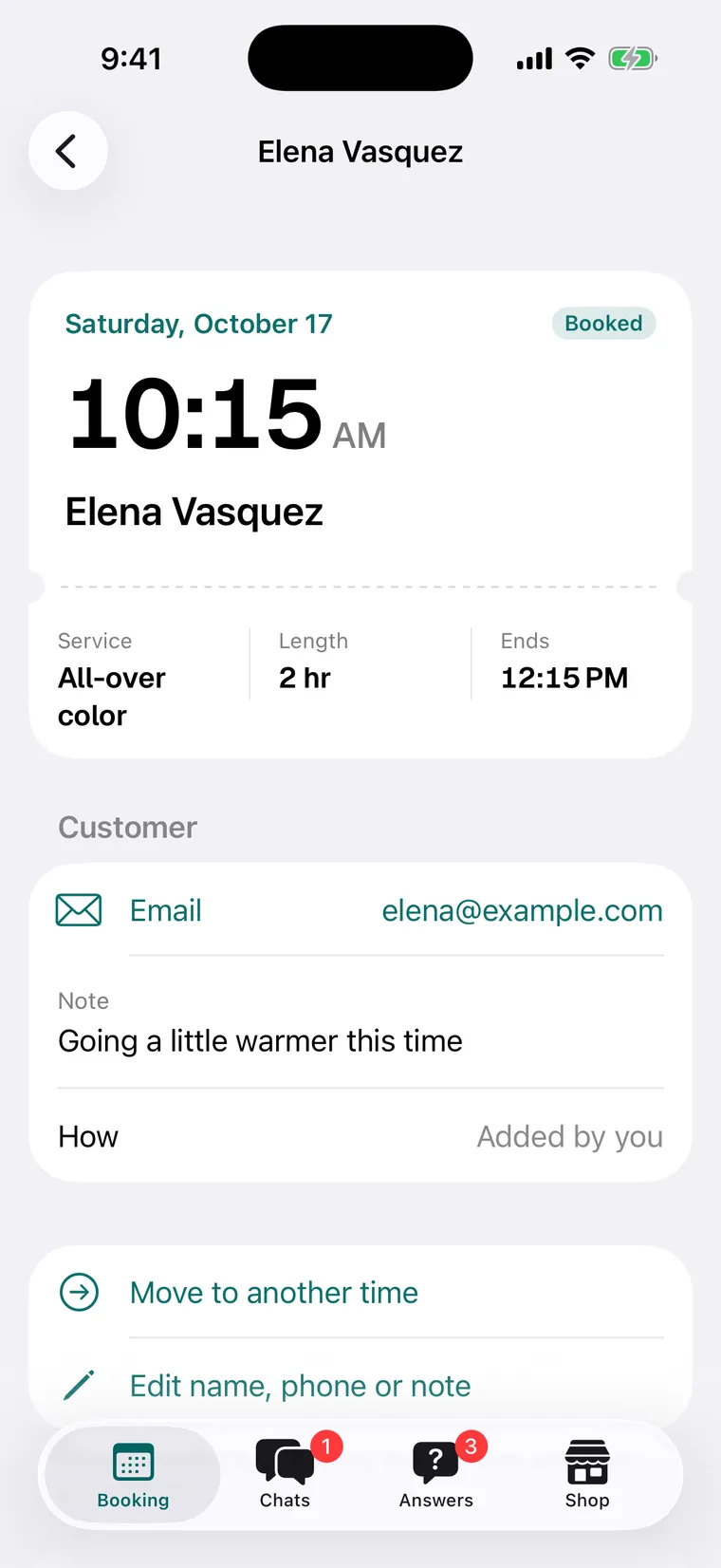 One booking in the app: Elena Vasquez, Saturday 10:15 AM, all-over color for 2 hours, her email and note, with Move to another time and Edit name, phone or note.