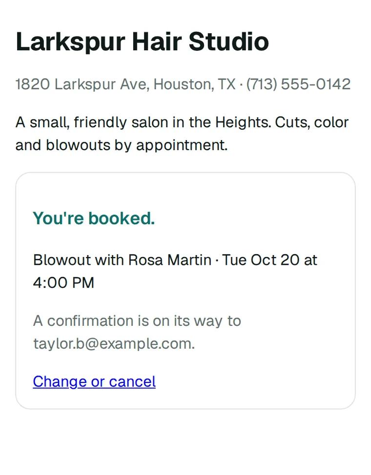 The confirmation a customer sees: You’re booked. Blowout with Rosa Martin, Tuesday October 20 at 4:00 PM, a confirmation on its way by email, and a Change or cancel link.