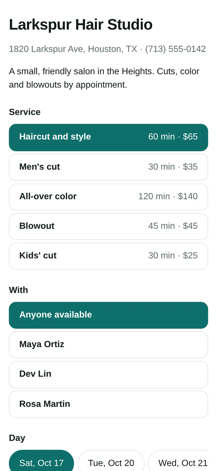 A salon’s booking page on a phone: five services with their length and price, then a choice of Anyone available or one of three stylists, then the day.
