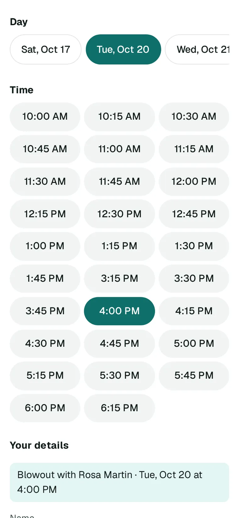 Picking a time on the booking page: open times for Tuesday from 10:00 AM to 6:15 PM, with 4:00 PM chosen for a blowout with Rosa Martin.