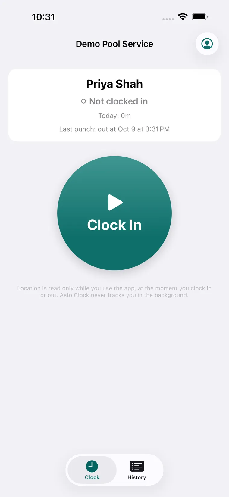 Asto Clock on an iPhone: the crew member’s name, Not clocked in, and one big teal Clock In button.