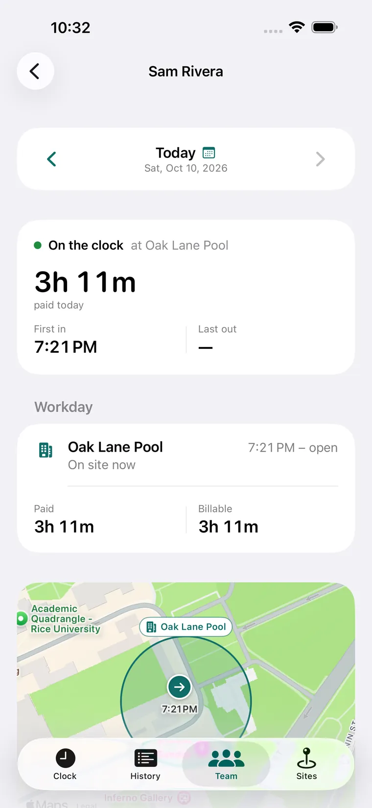 One worker’s day: on the clock at Oak Lane Pool, 3 hours 11 minutes paid today, first in at 7:21 PM, and a map of the site’s range.