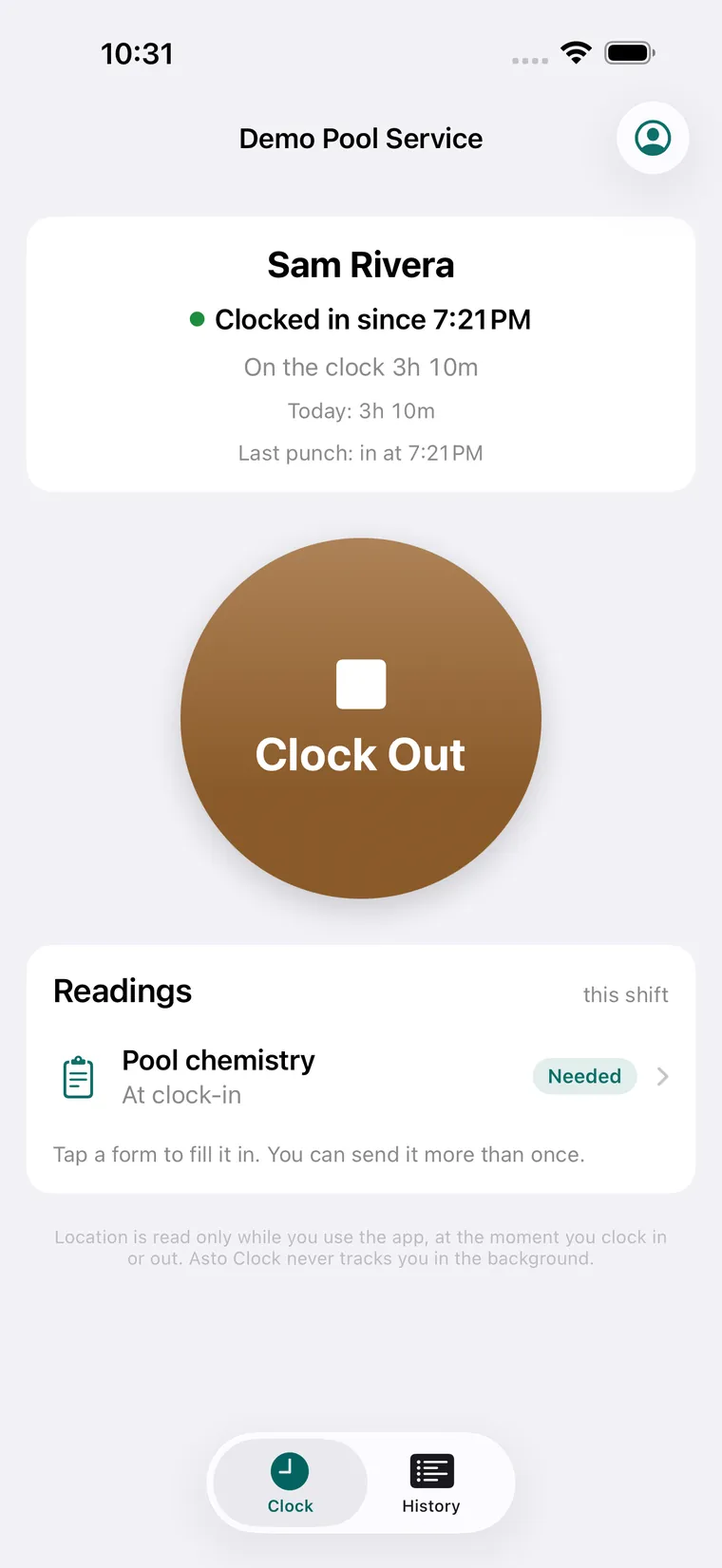 A worker clocked in since 7:21 PM, on the clock 3 hours 10 minutes, with a Clock Out button and a Pool chemistry form marked Needed.