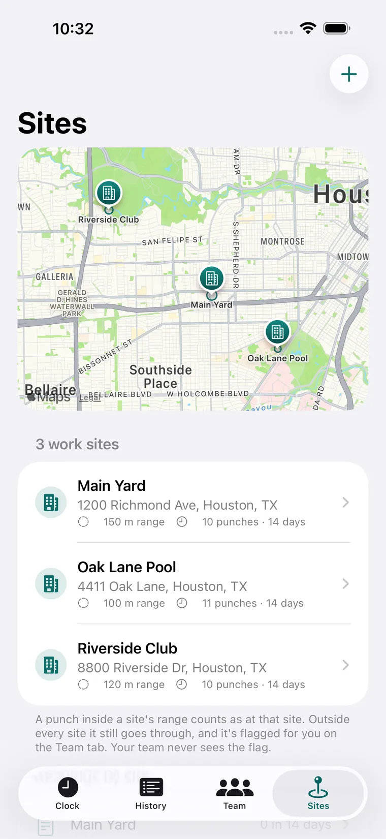 The Sites tab: a map of Houston with three work sites, Main Yard, Oak Lane Pool and Riverside Club, each with its range and punches in the last 14 days.
