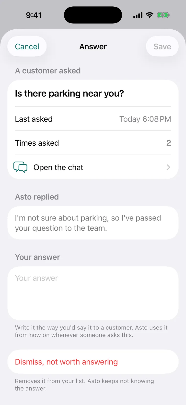 Answering a customer’s question in the Asto Pro app: Is there parking near you?, asked twice, with a box for the owner’s answer.