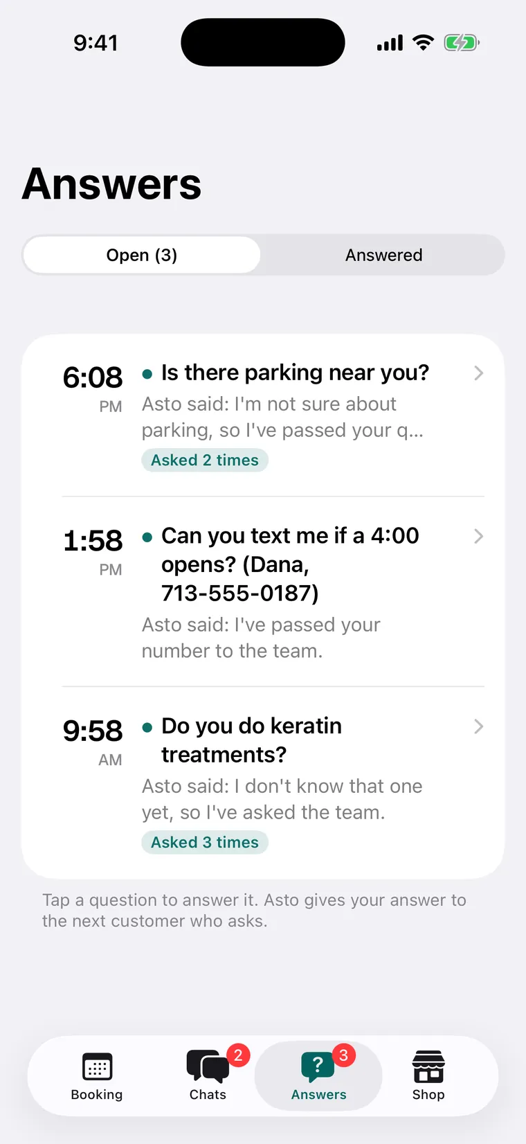 The Answers tab: three open questions, parking, a text when a 4:00 opens, and keratin treatments, each with what the assistant said and how many times it was asked.