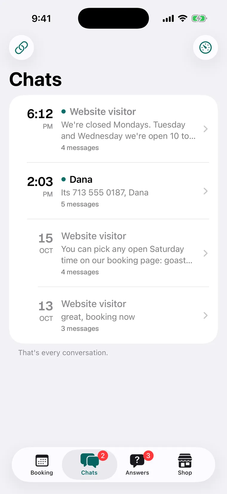 The Chats tab in the Asto Pro iPhone app: four website conversations, each with its time and the last thing said.