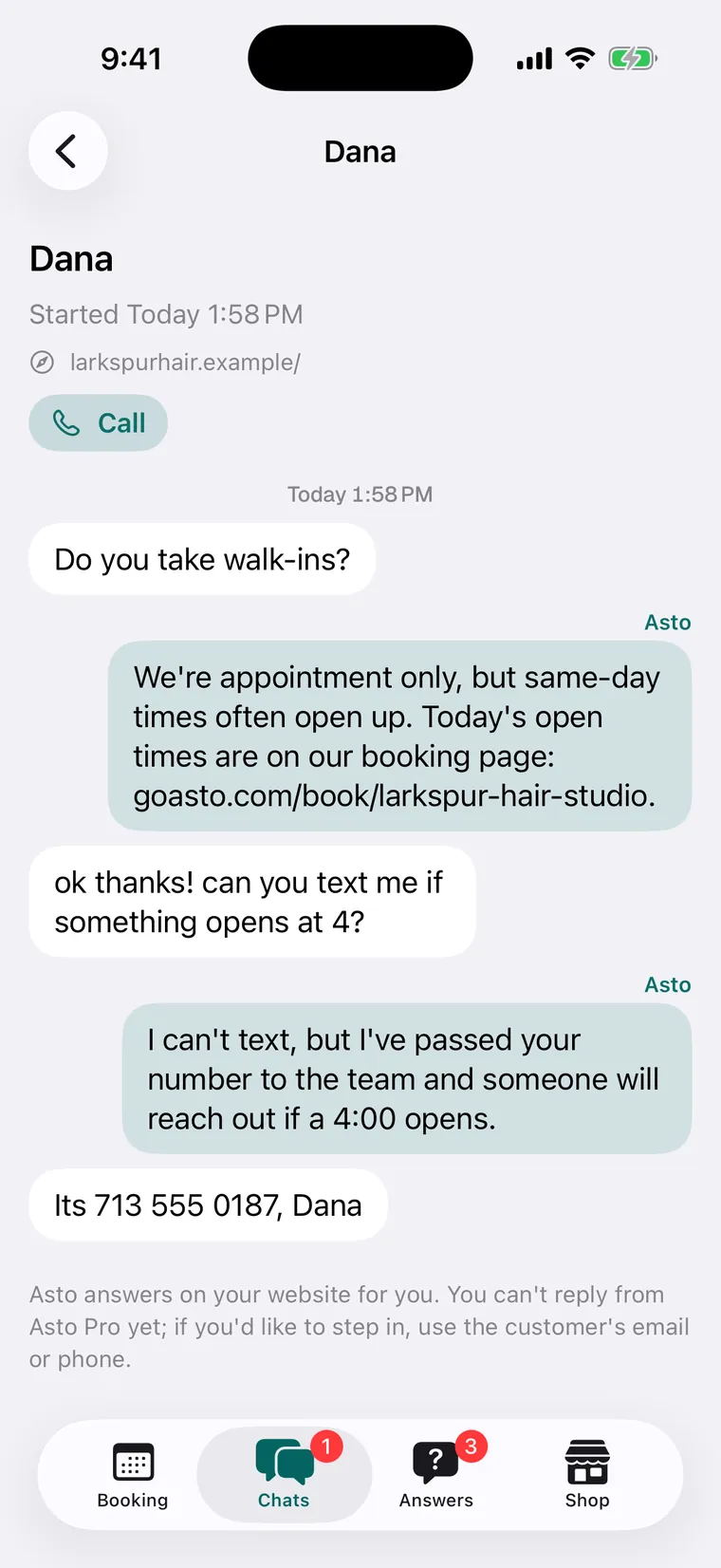 One conversation in Asto Pro: a customer asks about walk-ins and a 4:00 opening, the assistant answers and passes her number to the team, with a Call button at the top.