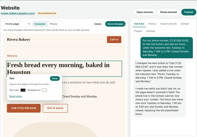 The Asto Sites editor: a made-up bakery’s home page with its heading selected for typing, and Asto’s chat on the right.