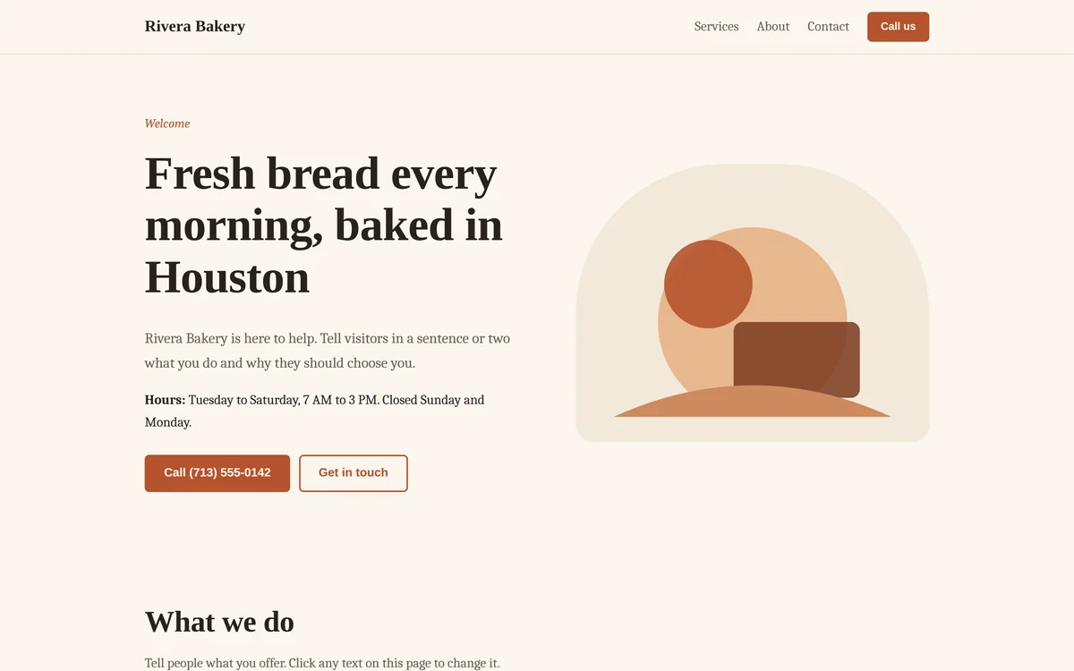 The Warm look on a computer: a made-up bakery’s site with its heading, hours, a Call button and a Get in touch button.