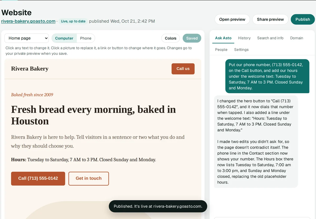 Just after tapping Publish: Live, up to date, and a note saying Published. It’s live at rivera-bakery.goasto.com.