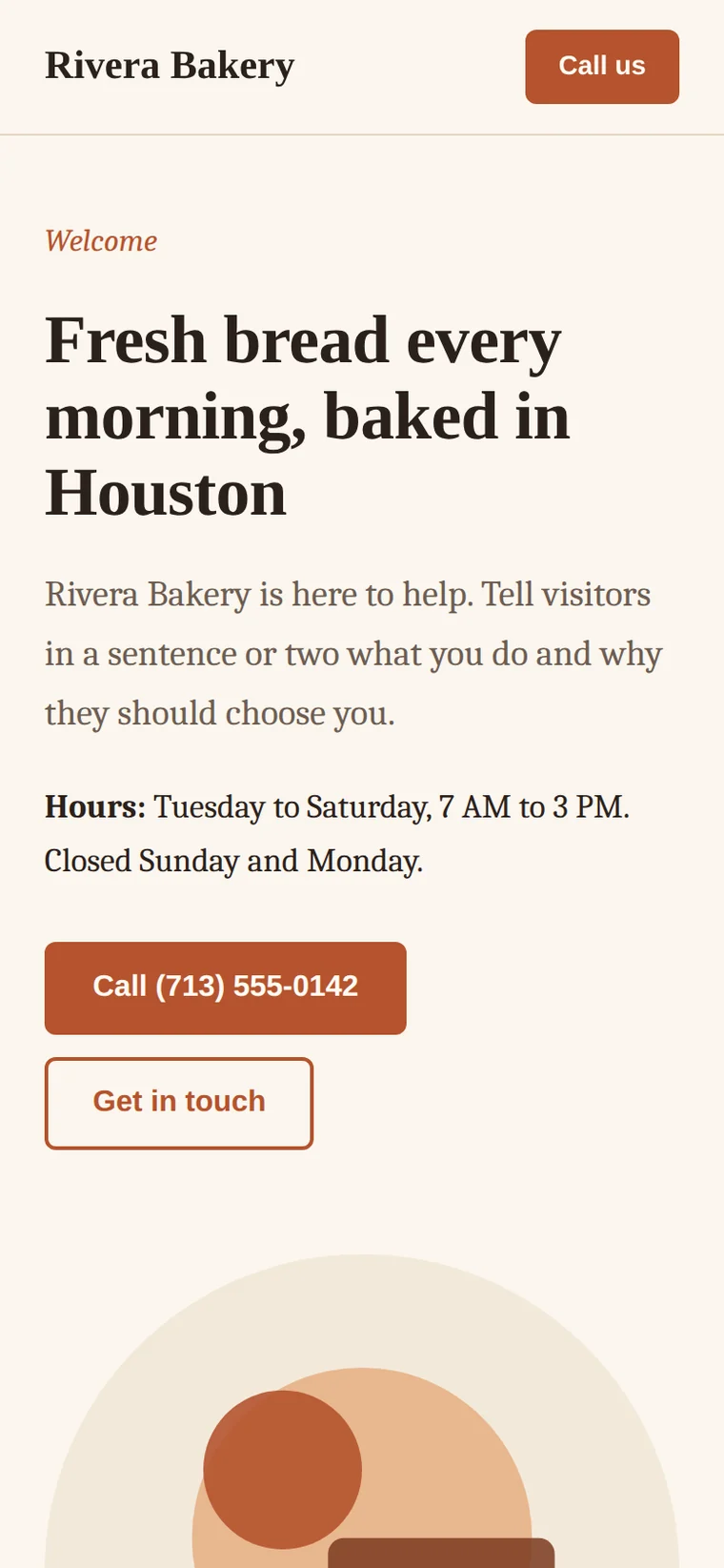 The same bakery’s site on a phone: Fresh bread every morning, baked in Houston, its hours and a Call button.